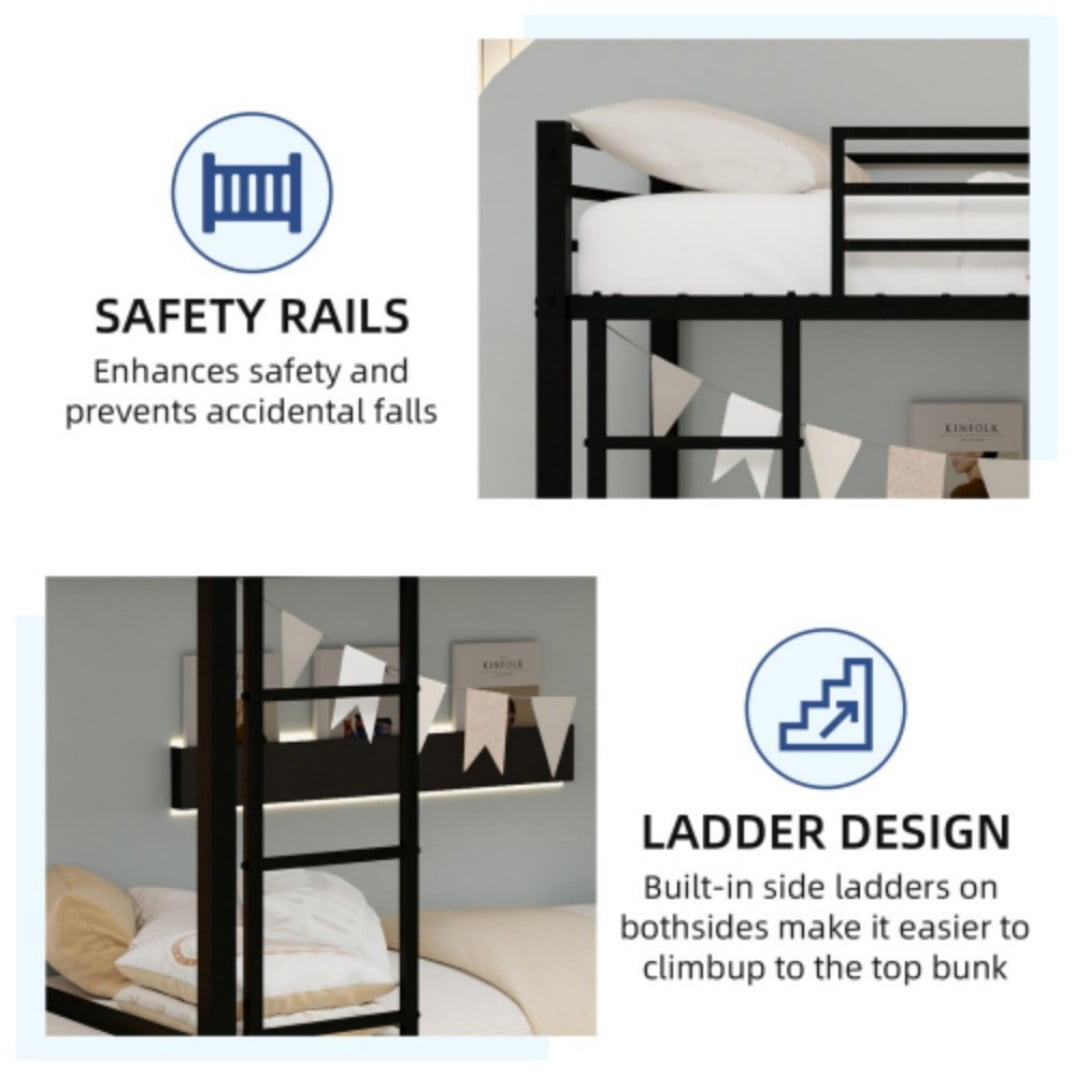 Twin Over Twin Metal Bunk Bed, Heavy-Duty Frame with 13" Guardrails, 3-Step Ladder, Noise-Reduced Slats, No Box Spring, Black