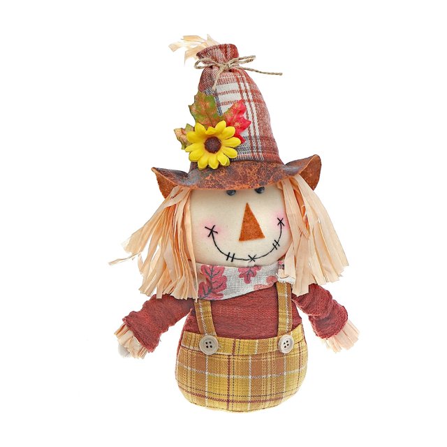 Scarecrow With Long Hat Plush Stander showing a front-facing plush scarecrow with a tall plaid hat decorated with a yellow sunflower and autumn leaves, beige raffia hair, stitched black eyes and smile, orange triangular nose, red textured shirt, floral scarf, and yellow plaid overalls with buttons, suitable for autumn or Halloween outdoor décor.