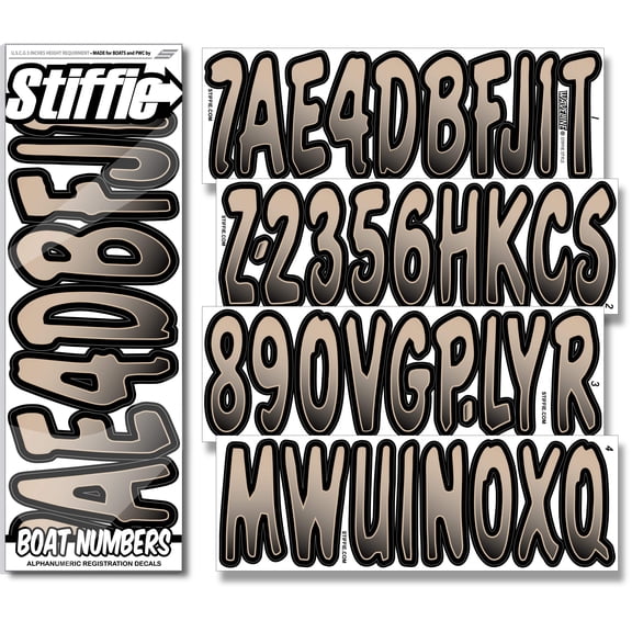 STIFFIE Waveline Tan/Black 3” Boat PWC Registration Decals • Numbers Letters Stickers