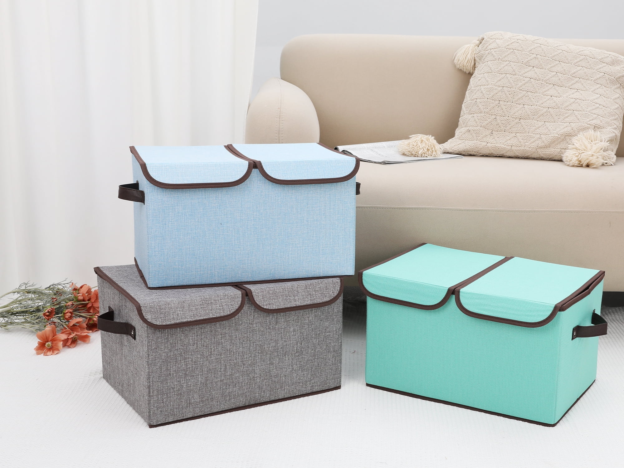Unique Bargains Fabric Storage Bin Cube with Handle and Lid Collapsible Basket Blue