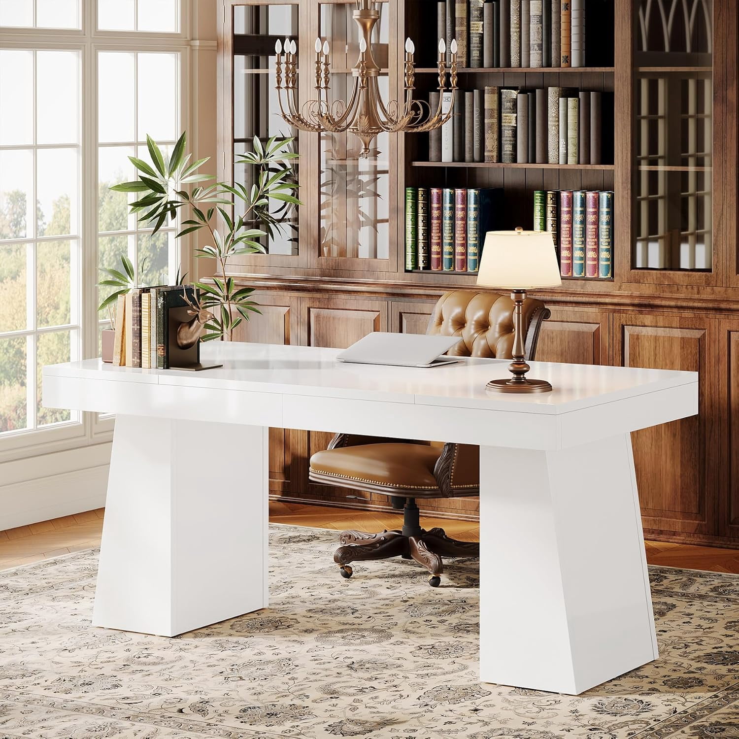 Tribesigns 55" Executive Desk, Mid-Century Home Office Desk with Double Trapezoid Base, Versatile Workstation Desk or Small Conference Table, White