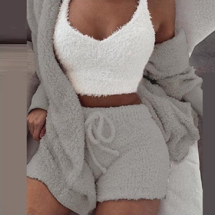 Topmelon Womens Sexy Fuzzy 3 Piece Outfits Fleece Warm Hooded Cardigan Crop Top Shorts Set Pajamas Loungewear Gray, Women's, Size: Medium, Blue
