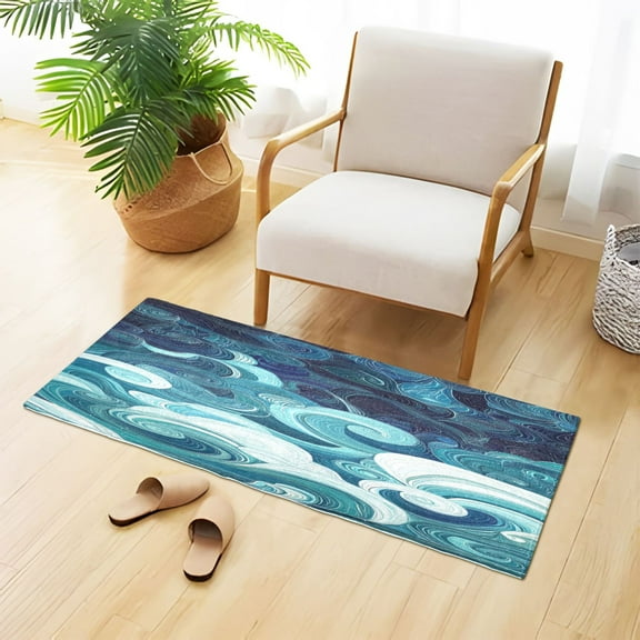 Abstract Blue Swirls Plush Carpet Non Slip Runner Rug Absorbent Bath Mat 39" x 20"