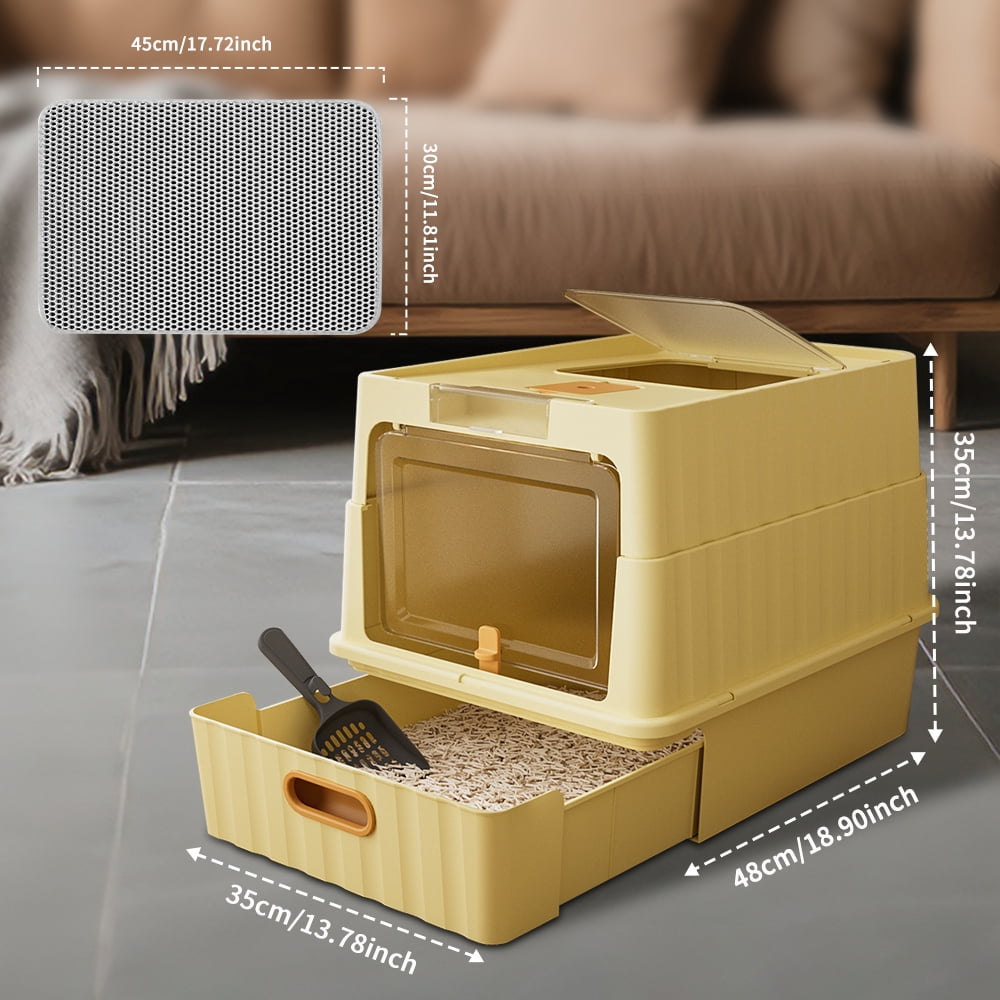 Cat Litter Box + Mat, Drawer-Style Enclosed Large Odor-Control Kitty Toilet with Pull-Out Tray, for Kittens, Big Cats & Multi-Cat Homes, Yellow