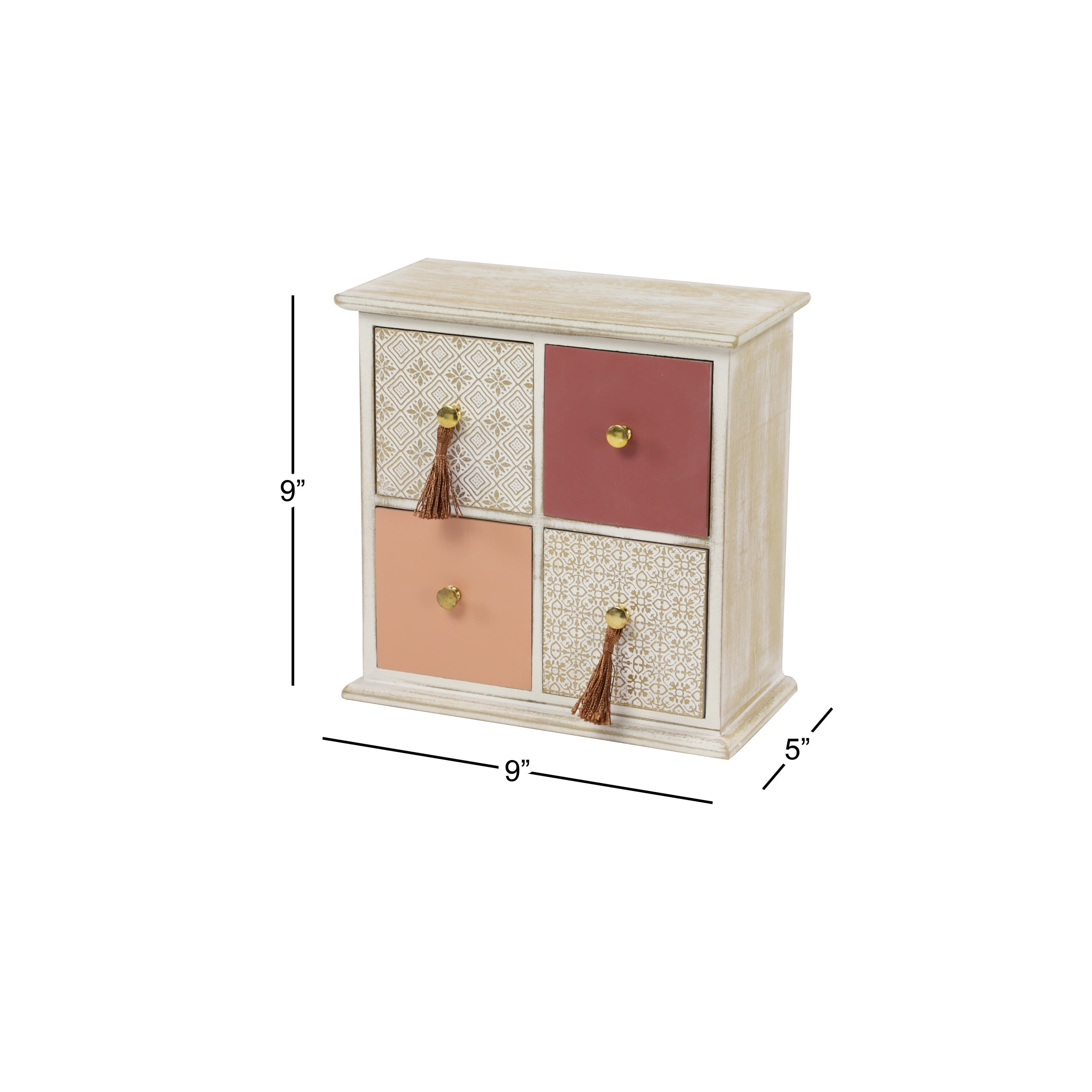 DecMode Floral 4 Drawers Brown Wood Decorative Jewelry Box with Tassel Knobs