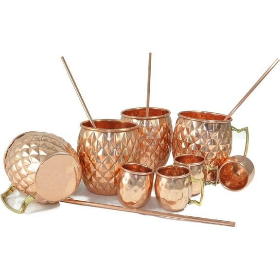Rastogi Handicrafts Diamond Cut Copper Beer,Wine,Vodka Mug (Capacity 16.90 oz) With Copper Shot Mug (Capacity - 2 oz pr glass) And Copper Straw, Set of 4