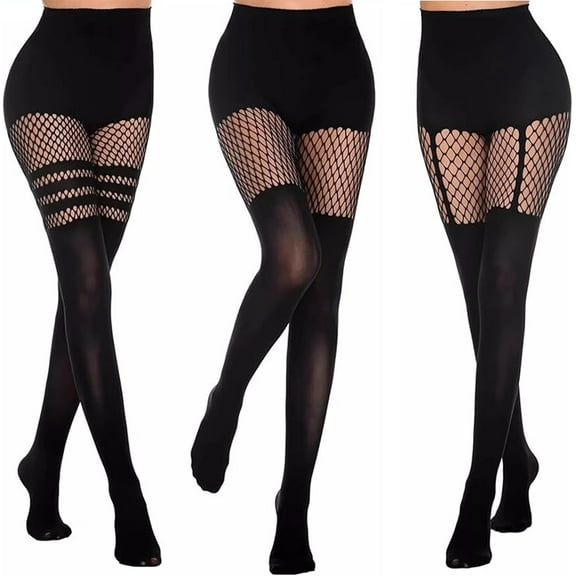 3 Pcs Women's Fishnet Tights Set, Suspender Opaque Fishnet Stockings, Women's Mock Thigh High Suspender Stockings Fishnets Opaque Stocking Pantyhose Gifts For Ladies Fashionable Pattern (Black)