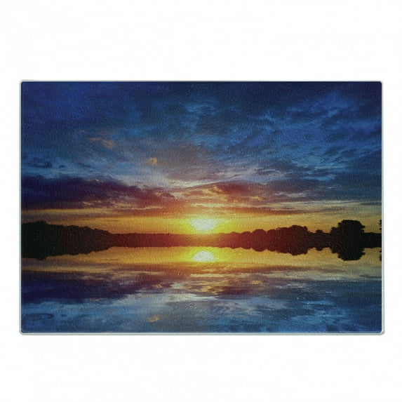 Lake Cutting Board, Dreamy Sunset Scenery with Reflection on the Lake Dramatic Dusk Twilight, Decorative Tempered Glass Cutting and Serving Board, Small Size, Blue Pale Orange Yellow, by Ambesonne