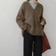 thumbnail image 3 of Suéter de cuello en V estilo holgado coreano para mujer, suéter de punto informal de color sólido holgado de nuevo estilo para otoño e invierno, 3 of 4