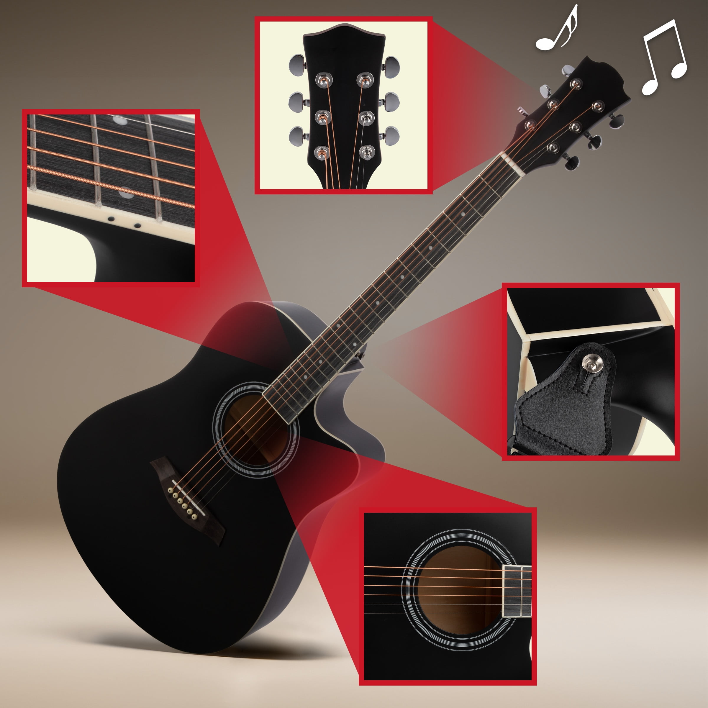 Hey Play 41in Acoustic Guitar with Case, Capo, Strings, and Picks (Black)