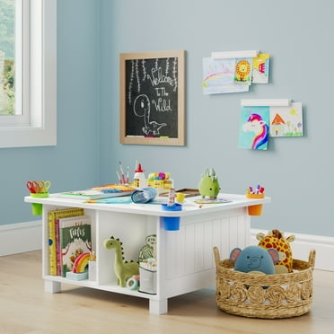 RiverRidge Kids Art Activity Table Desk with 4 Cubbies, 4 Storage Cups and 2 Wall Art Bars