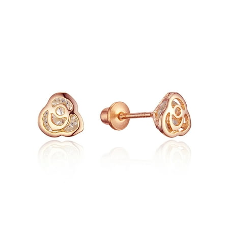 14k Rose Gold Tone Rose Cubic Zirconia Screwback Baby Girls Earrings with Sterling Silver Post