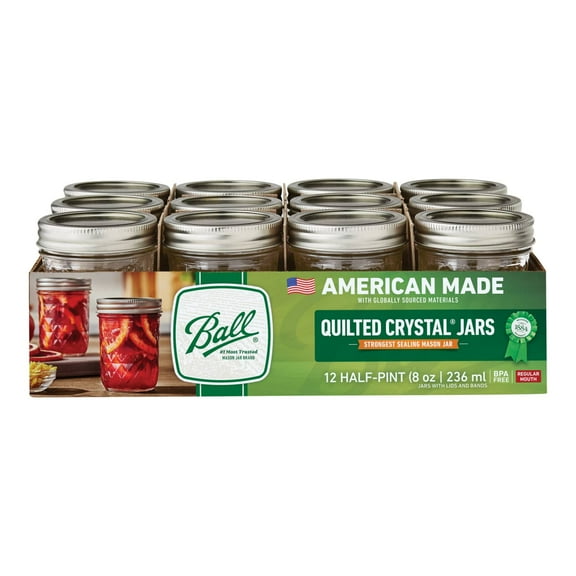 Ball Quilted Crystal Regular Mouth Mason Jars With Lid & Band, 12 Count