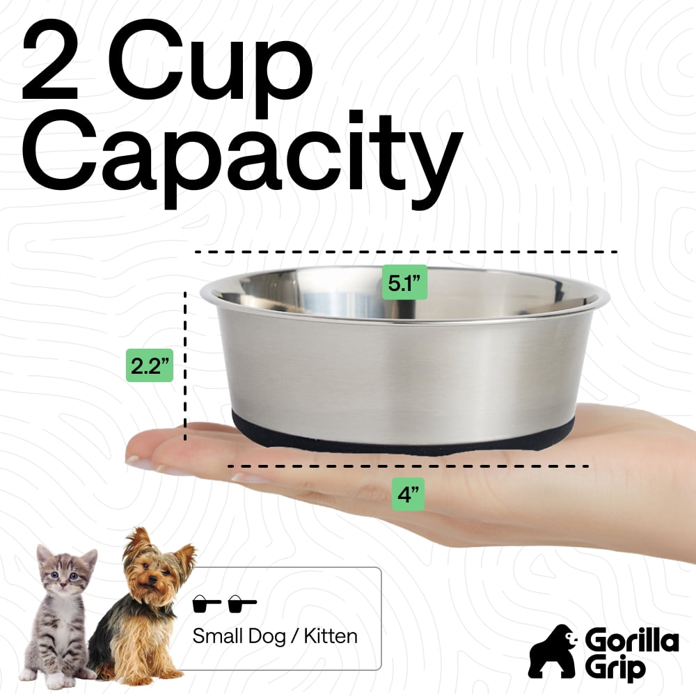 GORILLA GRIP Dog Bowl Set of 2, Food Grade 304 Stainless Steel, Silicone Base, Holds 2 Cups, Black