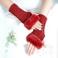 thumbnail image 2 of WREESH Women's Solid Color Knitting Fleece Half Finger Gloves Fashionable Keep Warm Winter Gloves Wine, 2 of 4