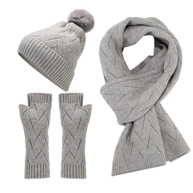 MIASHUI Unisex Autumn Winter Outdoor Cold Protection Warm Hat, Gloves, and Scarf Three-Piece Set, Solid Color Knit Scarf Set Grey