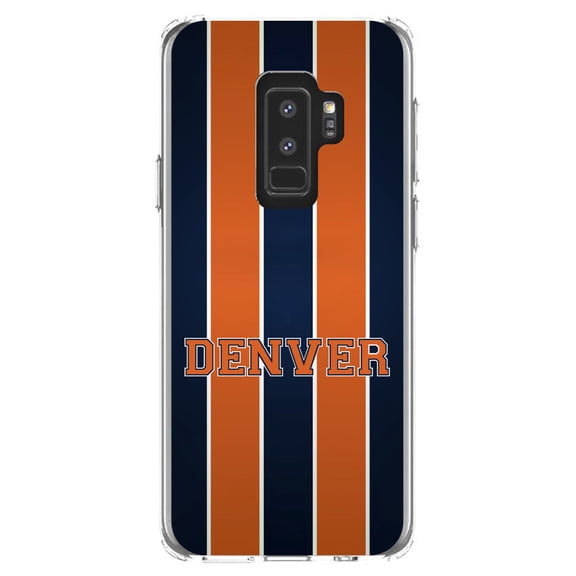 DistinctInk Clear Shockproof Hybrid Case for Samsung Galaxy S9  PLUS (6.2" Screen) - TPU Bumper, Acrylic Back, Tempered Glass Screen Protector - Orange Navy Broncos - Football Team