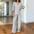 thumbnail image 5 of sdhkgrrt Women's Plus Size 2 Piece Pajama Outfit Striped V Neck 3/4 Sleeve Blouse Wide Leg Pants Casual Boho Lounge Set Loose Matching Travel Daily Tracksuits, White 3XL, 5 of 6