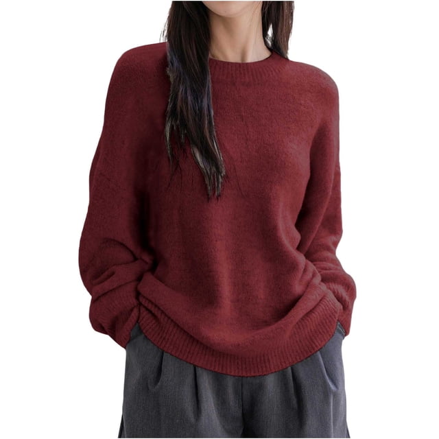 fheaev Chandails à Manches Longues pour Femmes Chandail Décontracté Couleur Unie Col Rond Tricoté
