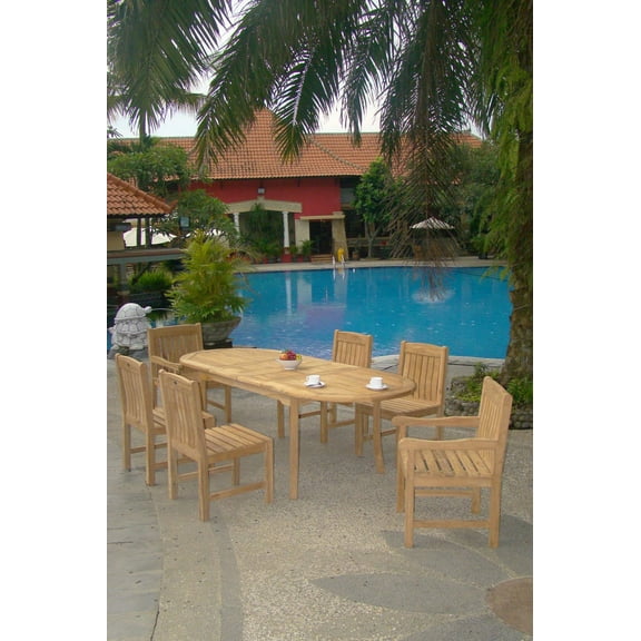 Teak Dining Set:6 Seater 7 Pc - 94" Double Extension Oval Table, 4 Armless and 2 Arm / Captain Devon Chairs Outdoor Patio Grade-A Teak Wood WholesaleTeak #WMDSDV1