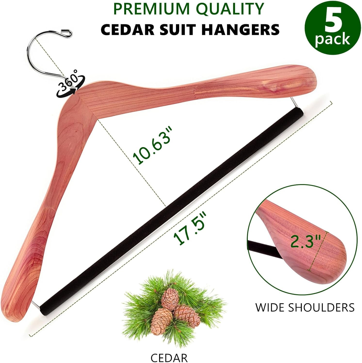 5 Pack Extra Wide Shoulder Wooden Clothes Hangers with Aromatic Cedar and Velvet Pant Bar for Coats & Jackets