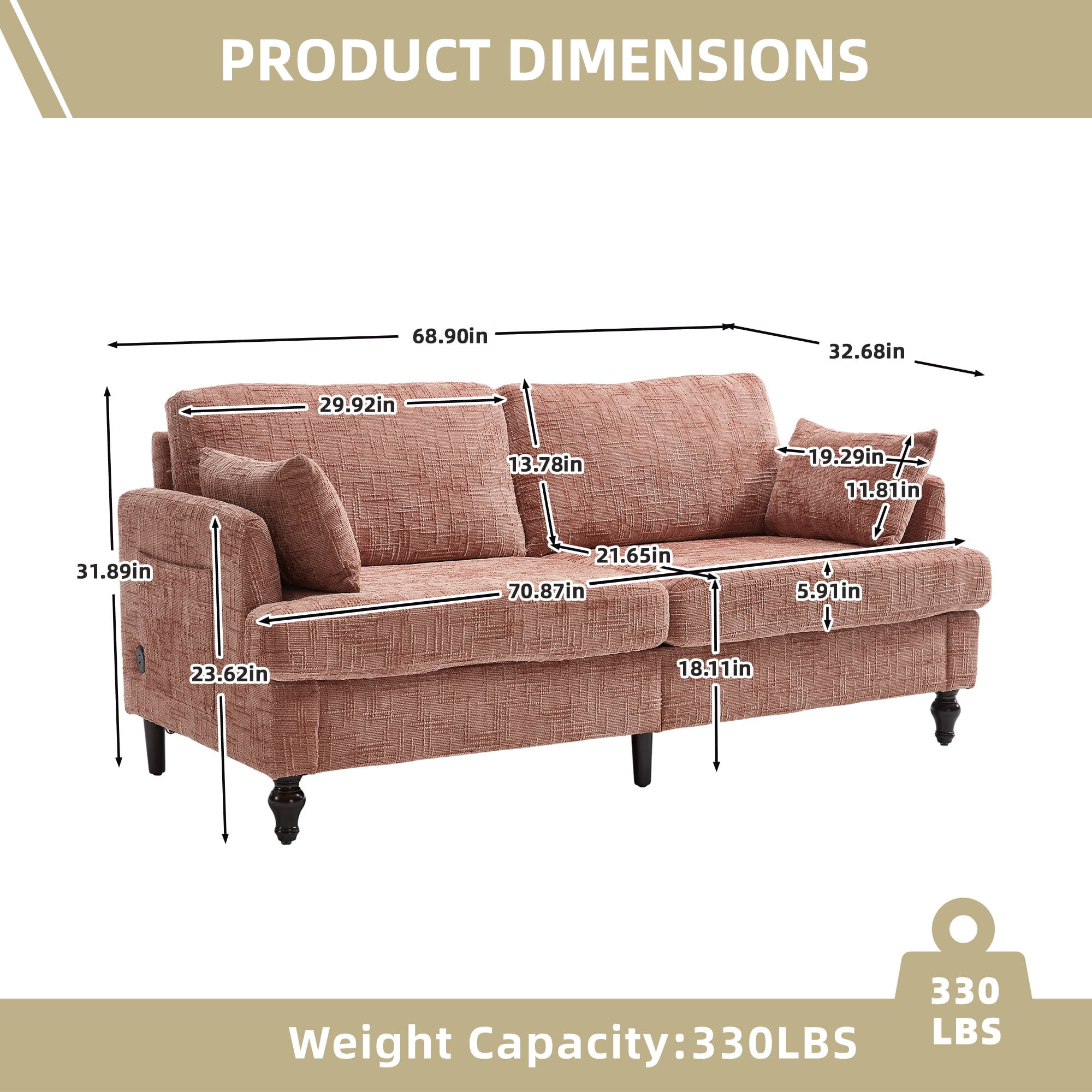 MOONMISS Chenille Upholstered Mid Century Modern Wood Frame Loveseats Sofa with LED light,USB and Side Pocket-Pink