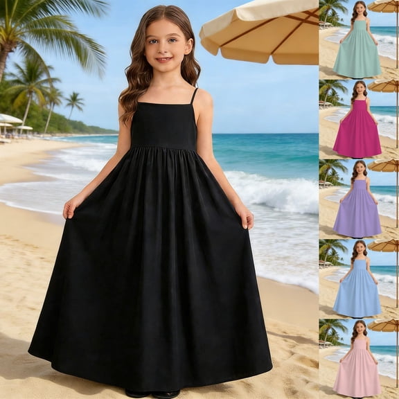 Gunia Girls Hawaiian Dress Sleeveless Kids Backless Casual Spaghetti Strap Maxi Loose Flowy Sun Sundress For Holiday Beach Black Dress For Girls 7-12 Years