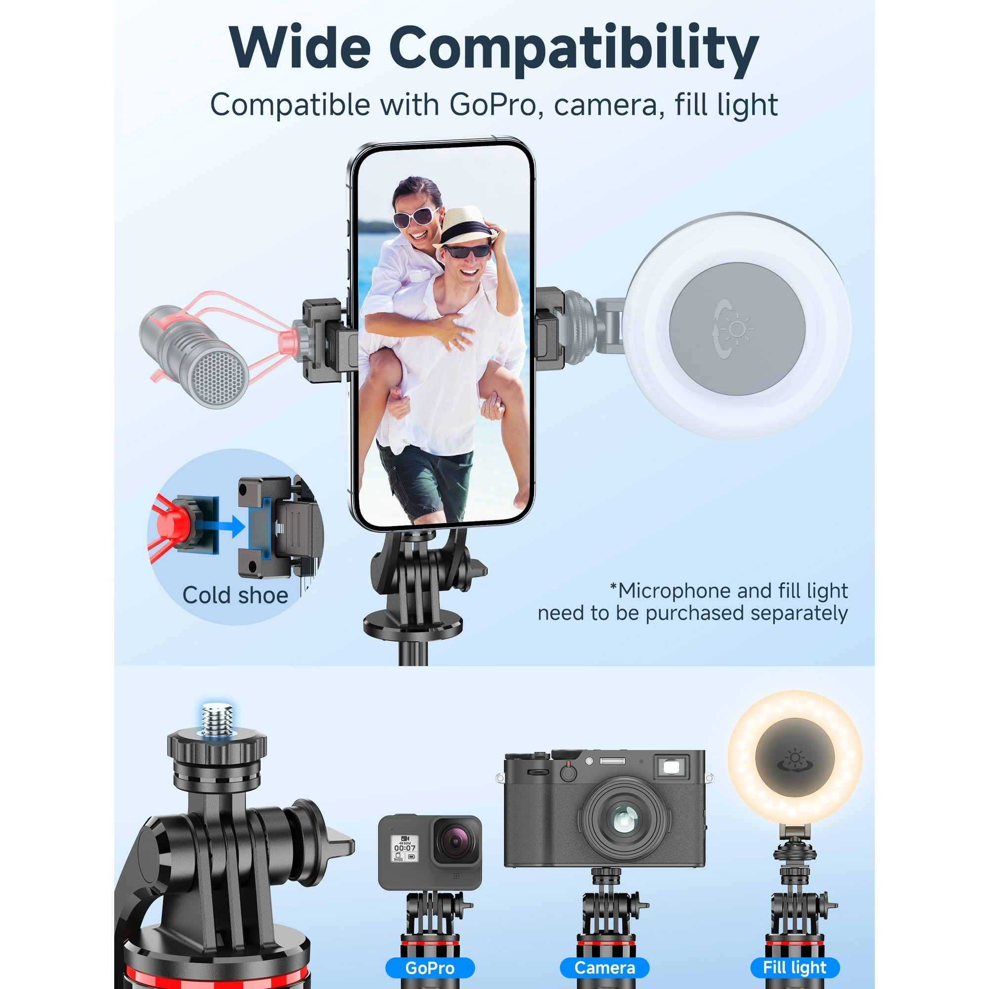 Magnetic Selfie Stick, 51"Aluminum Alloy Selfie Stick Tripod with Remote, Portable Cell Phone Tripod Stand, Selfie Stick 360° Vertical, Phone Travel Tripod Stable for iPhone/Android (Black)