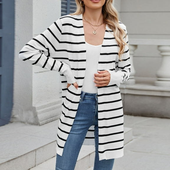 Women Spring Fashion Casual Long Sleeve Sweater Cardigan Coat Striped Knit Top Womens Lightweight Open Front Layering Outfit
