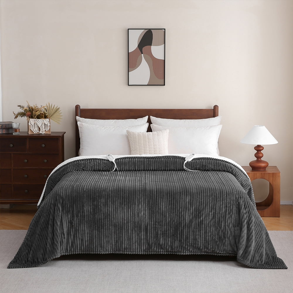 Sheet&Joy Heated Blanket Electric Grey Throw - 50"x60" Heating Blanket 8 Hours Auto-Off 8 Heat Level Over-Heat Protection Ribbed Flannel Sherpa Electric ETL Certification