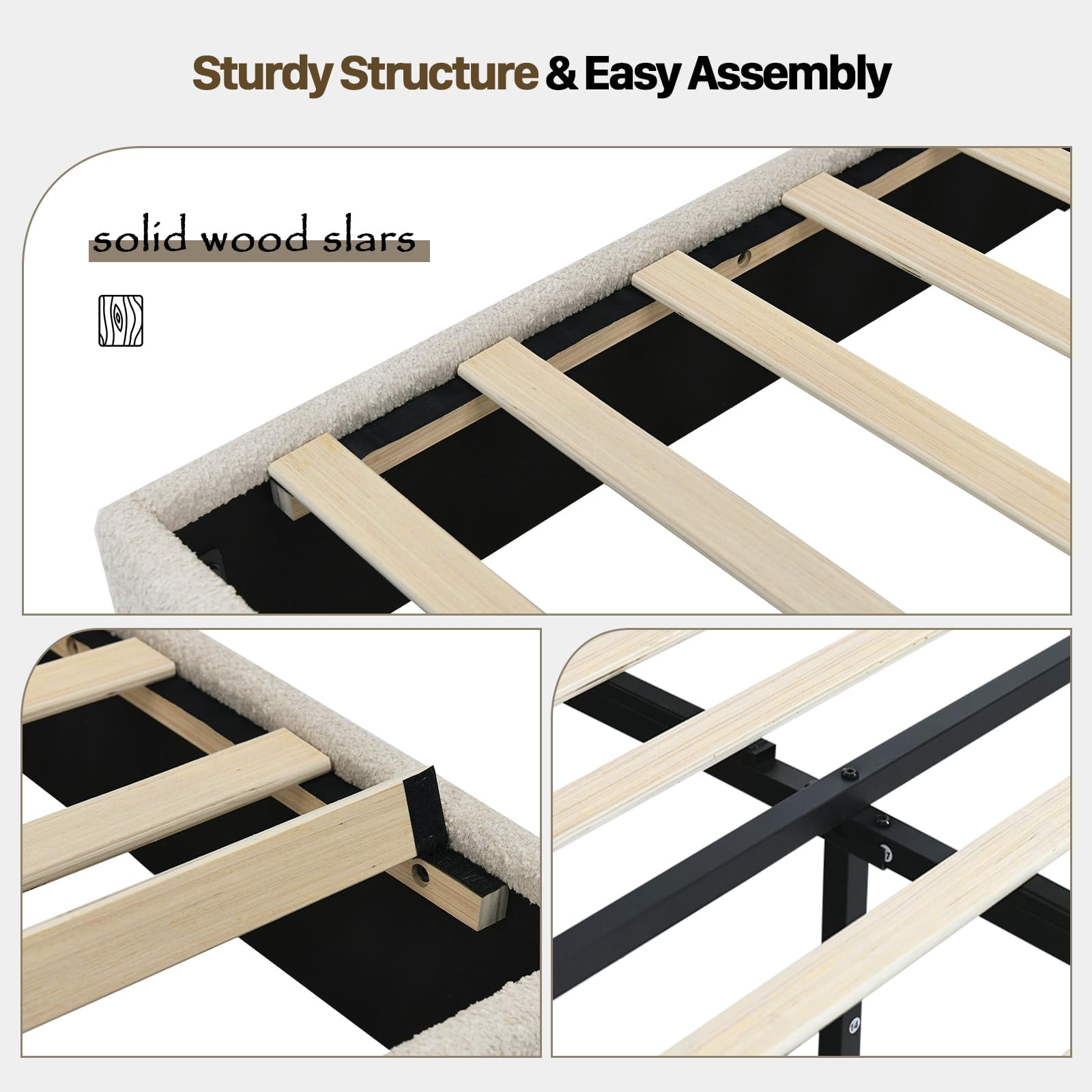 4 EVER WINNER Queen Bed Frame, Queen Size Bed Frame with Headboard, Boucle Bed Frame with Removable Pillow Upholstery, No Box Spring Required, Easy Assembly, Cream