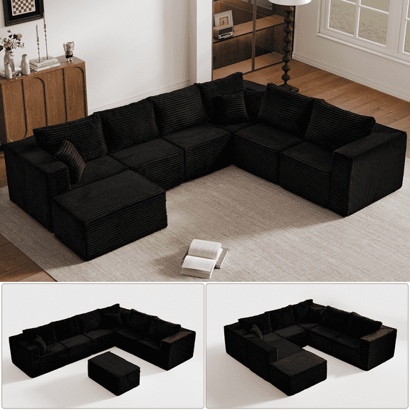 GEMBED 155.9" U-Shaped Oversized Sectional Sofa 7-Seater Modular Cloud Couch with Deep Seat and Movable Ottoman, No Assembly Boneless Sofa for Living Room, Black