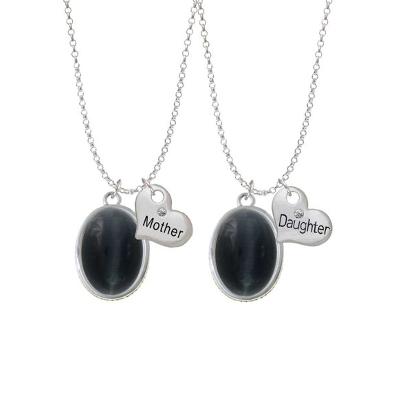 Delight Jewelry Silvertone Oval - Imitation Cat's Eye - Black - Mother & Daughter Heart Necklaces (Set of 2), 19"+2"