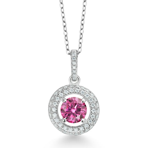 Gem Stone King 925 Sterling Silver Pink Moissanite and White Moissanite Pendant Necklace for Women (1.05 Cttw, Round 6MM, 18" Silver Chain)