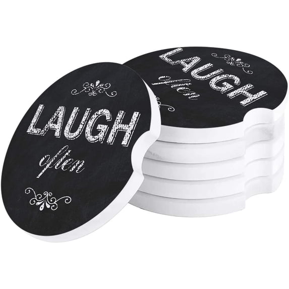 FMSHPON Laugh Often Word Black Set of 4 Car Coaster for Drinks, Absorbent Ceramic Stone Coasters Cup Mat with Cork Base for Home Kitchen Room Coffee Table Bar Decor