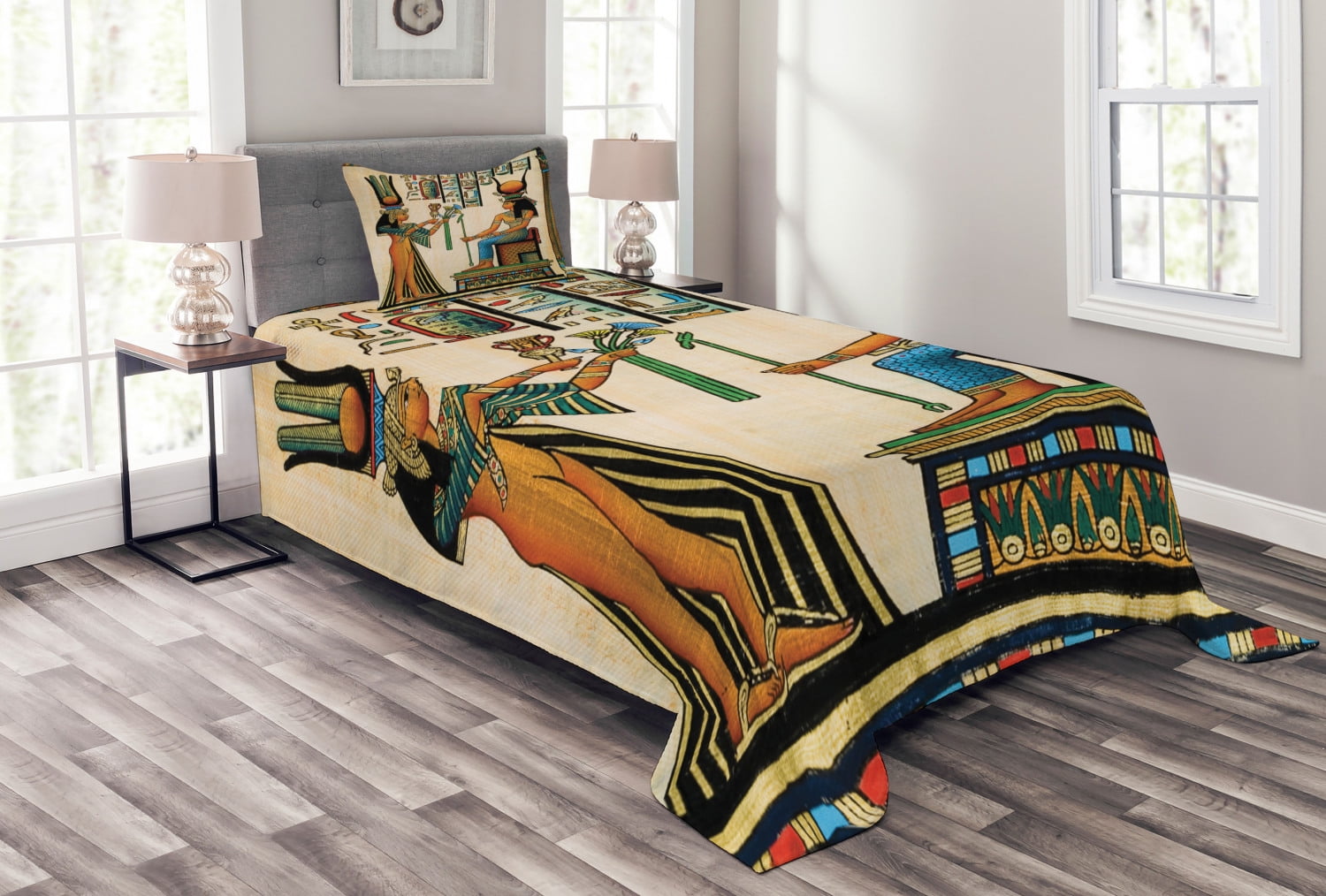 Egyptian Bedspread Set Twin Size, Old Egyptian Papyrus Depicting Queen