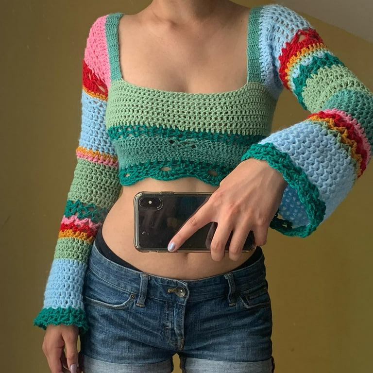 Qiylii Women's Crochet Mesh Sweater Long Sleeve Color Pullover Crop Tops Blouse Tops - Walmart.com