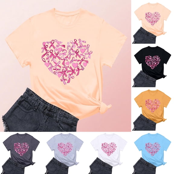 Frostluinai Breast Cancer Shirts for Women Pink Ribbon Short Sleeve Crew Neck T-Shirts Inspirational In October Shirt Women Gifts
