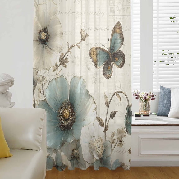Vintage Flowers Semi Sheer Curtains Drapes for Living Room, Bedroom, French Doors Window 108 Inches Long, Spring Floral Teal Tulip Butterfly Rod Pocket Chiffon Curtain Drapery Voile Draperies Panel