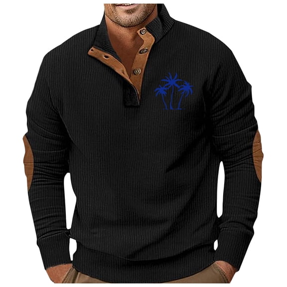 GBSYEWXS Men Sweatshirts Henley Long Sleeve Black Tops -Lined Handsome Cartoon Print Pullover