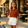 thumbnail image 6 of Girl's Short Sleeve Polo Shirt Button Soild Color School Uniform Shirt Ginger 140, 6 of 6