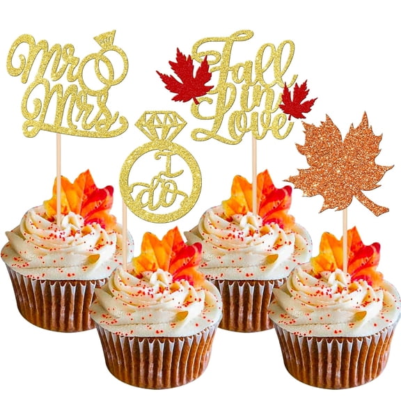 12Pcs Gold Glitter Mr Mrs Fall In Love I Do Cupcake Toppers, Maple Leaf Wedding Ring Cupcake Picks for Fall Wedding Bridal Shower Reception Cupcake Decor