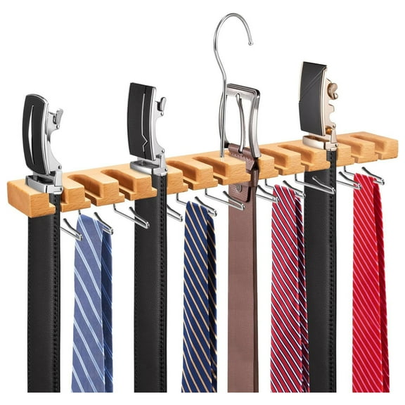Belt Hanger for Closet Max 42 Belts, 2-in-1 Wall Mount Belt Organizer with 360° Rotating Hooks, Wooden Tie and Belt Rack for Closet Accessories Organizers and Storage, 12 11 Storage