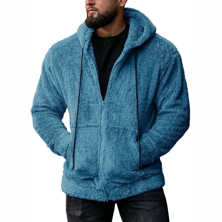 Men s Fleece Jackets Casual Autumn and Winter Solid Hooded Zipper Long Sleeve Pocket Coat with Drawstring Loose Warm Jacket Walmart