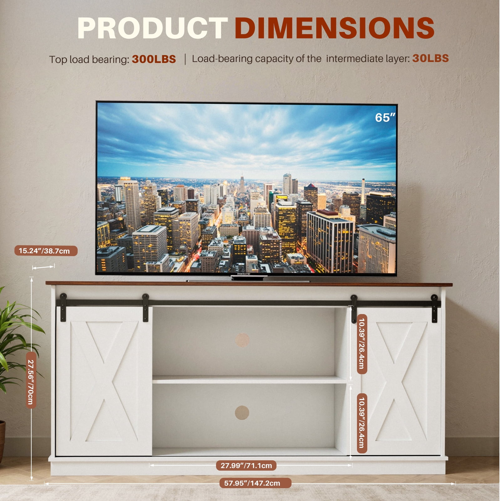 GIANNA TV Stand for Televisions up to 65 Inch, Entertainment Center with Sliding Barn Doors, Storage Cabinets and Media Shelves, Living Room Console Table, White