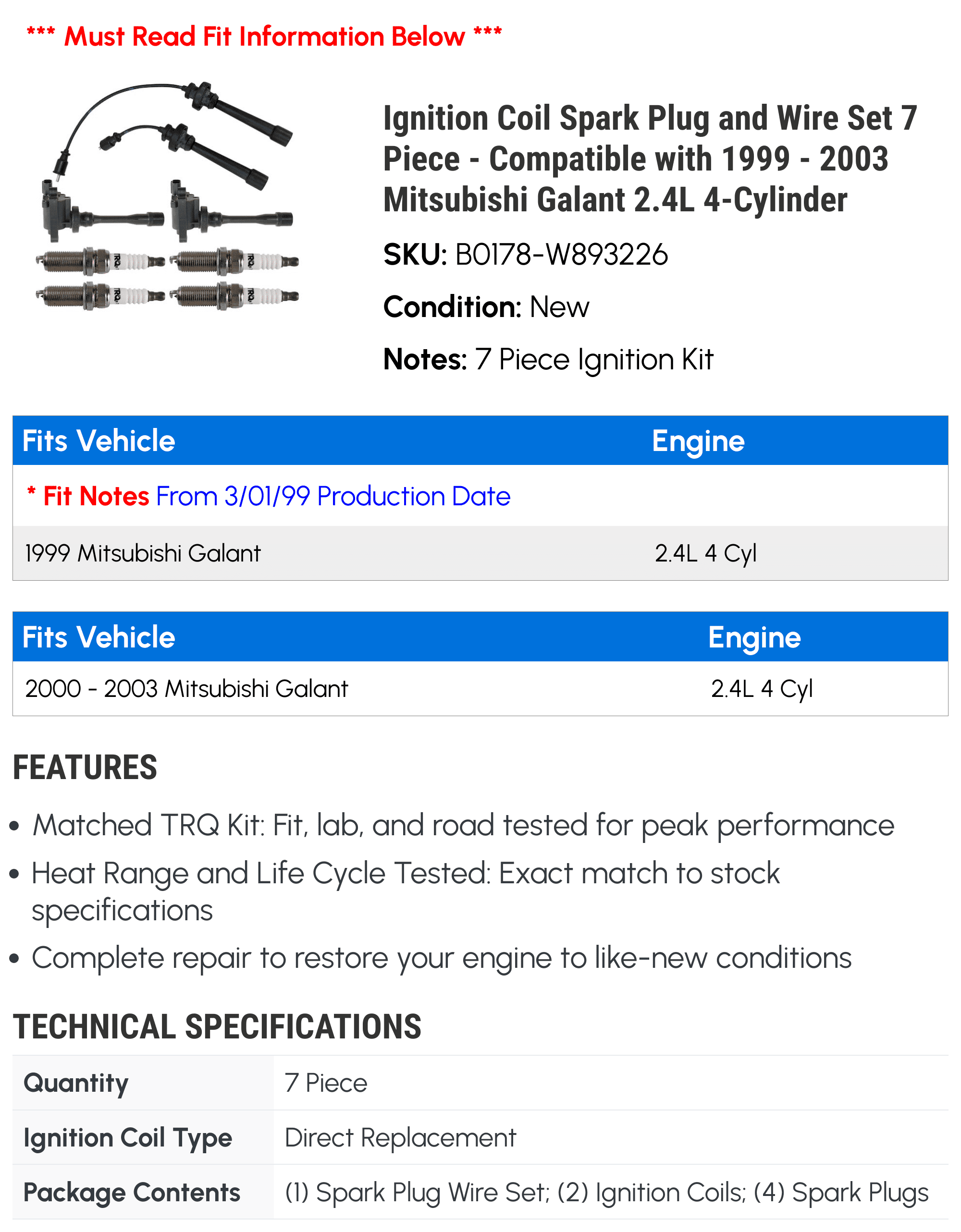 Ignition Coil Spark Plug and Wire Set 7 Piece - Compatible with 1999 - 2003 Mitsubishi Galant 2.4L 4-Cylinder 2000 2001 2002