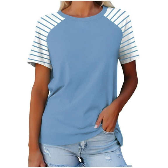 Womens Tops Summer Short Sleeve Shirts Raglan Striped T-Shirts Light Blue M