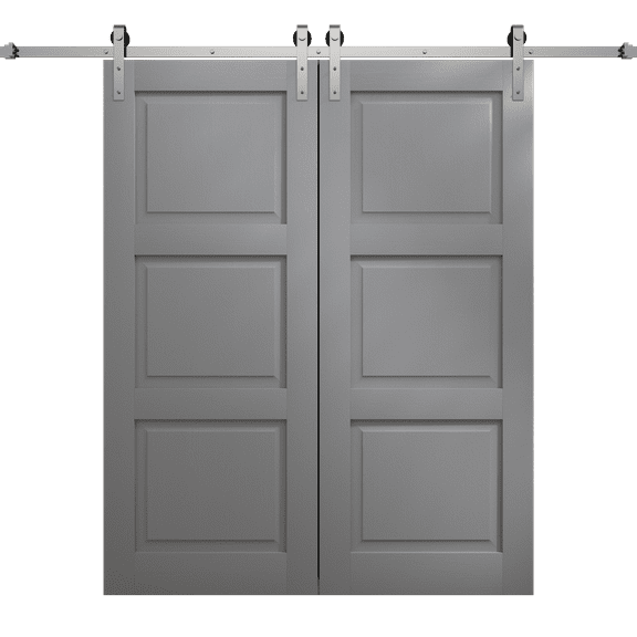 Modern Double Barn Door 36 x 80 inches | Ego 5010 Painted Grey Oak | 13FT Silver Rail Track Set | Solid Panel Interior Doors