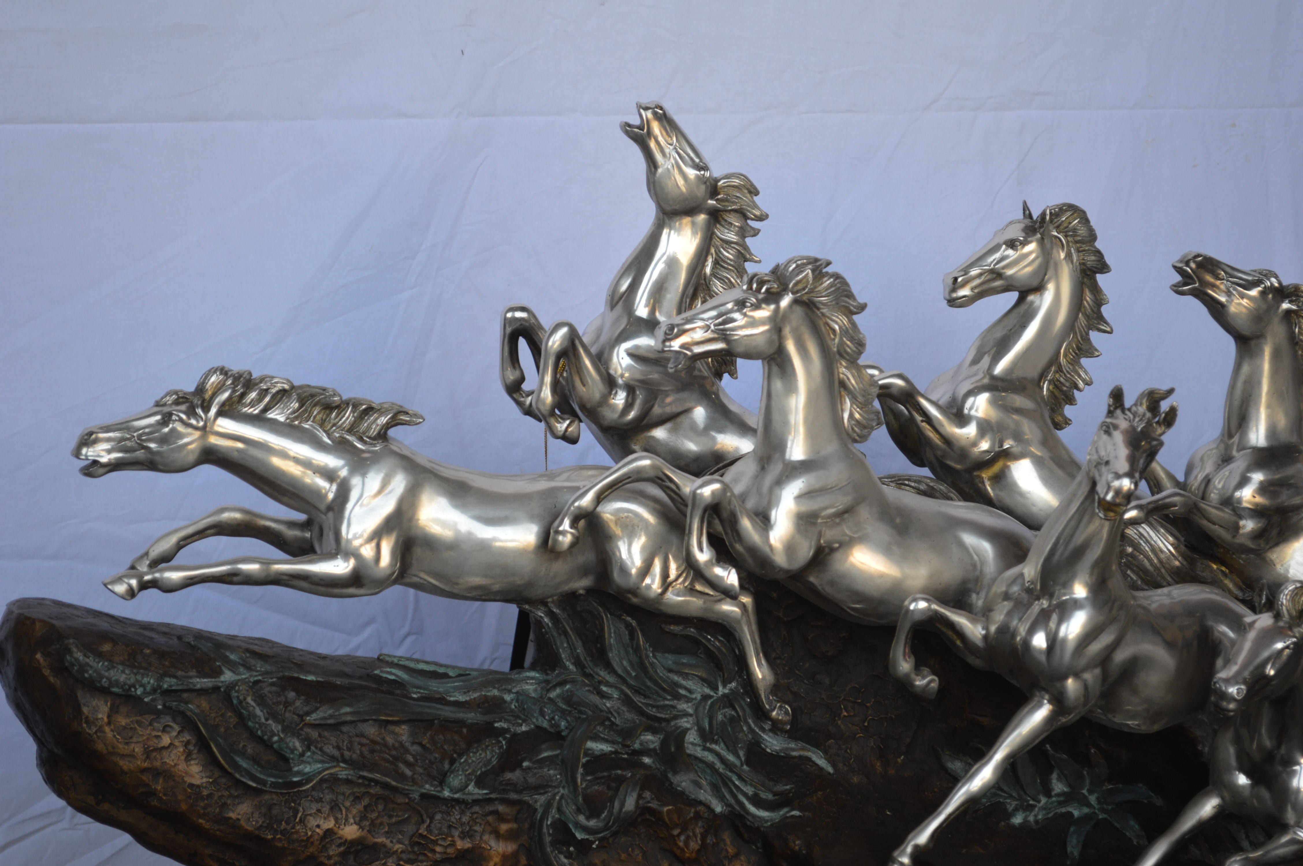 Nifao Eight Horses Running Bronze Statue Silver Finish – Garden Outdoor Decor Sculpture, 59"L x 20"W x 28"H