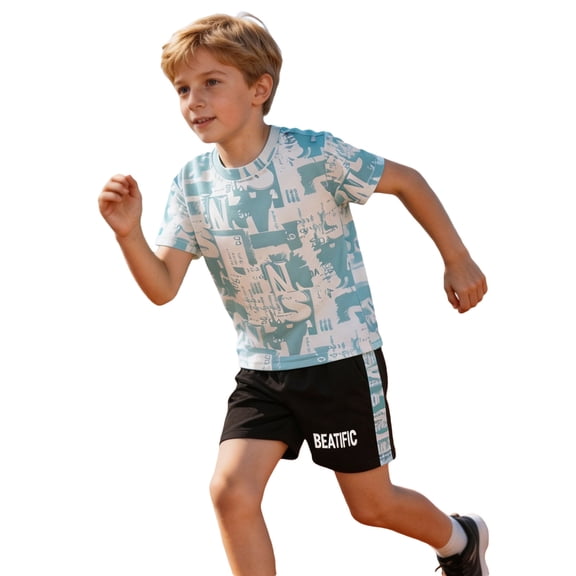 Bysome Boys Outfit Set Graphic Print Short Sleeve Crew Neck T-Shirts With Shorts Athletic Set Breathable Boys Outfit Size 2-3 Years Mint Green